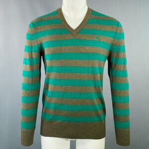 BURBERRY BRIT Size M Green Brown Stripe Cashmere V-Neck Pullover